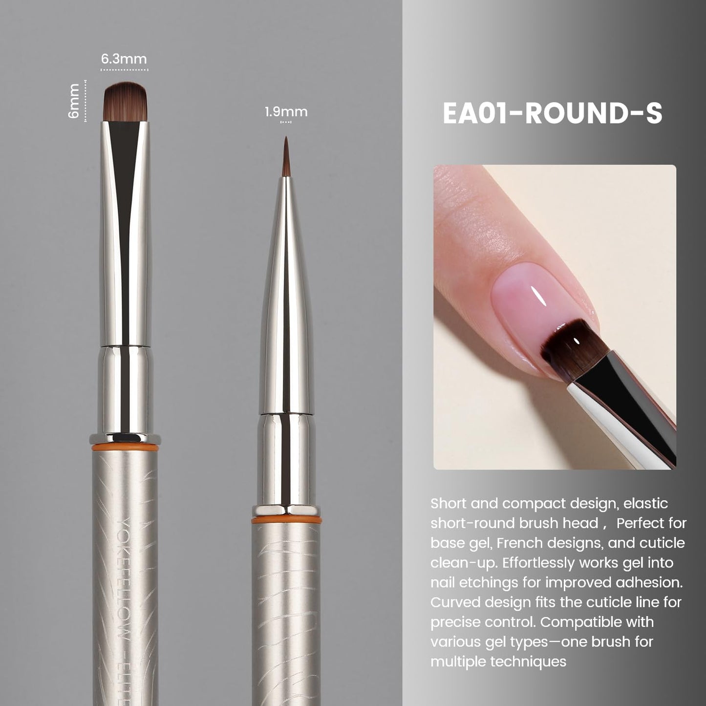 YOKEFELLOW EliteAlly Nail Art Brushes,2-in-1 French Tip Brush and Clean up Brush for Gel Nail Polish, Base Gel Short Round Brush Professional Nail Tool(EA01 ROUND-S)