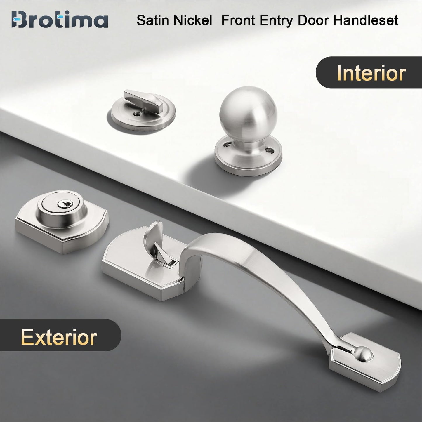 Brotima Front Door Handle and Deadbolt Set, Satin Nickel Front Door Lock Set with Reversible Knob Handle, Modern Exterior Door Handleset with Single Cylinder Deadbolt,1 Pack