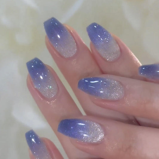 Blue Press on Nails Short Fake Nails Coffin Nails Press ons Cat Eyes Glue on Nails Ombre Acrylic Nails Summer False Nails Glossy Artificial Nails Cute Stick on Nails for Women 24Pcs