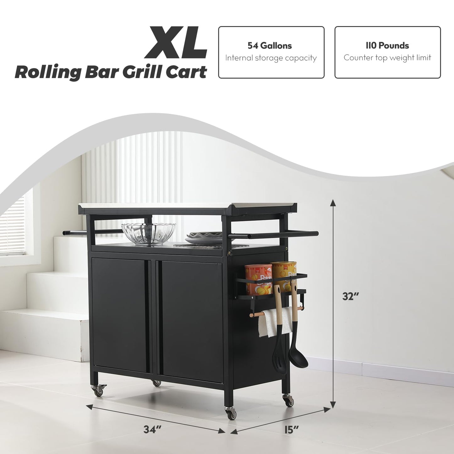 Nexaio XL Rolling Bar Grill Cart Outdoor Patio Furniture, Outdoor Grill Table with Stainless Steel Top for Kitchen Prep and Outdoor Storage Cabinet for Grilling Accessories, Black