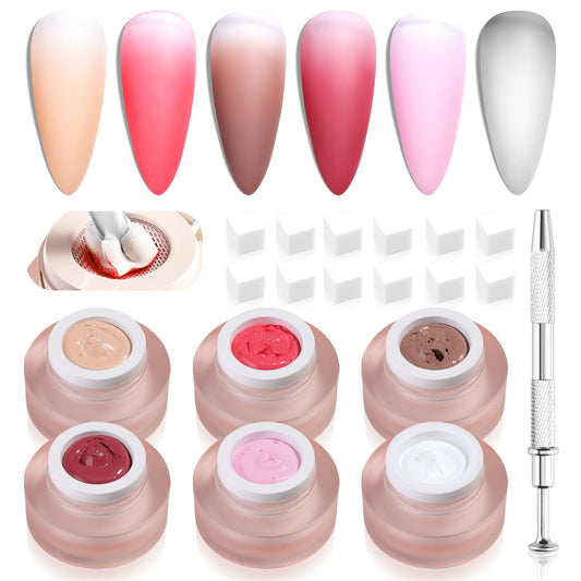 Fcozpjk 6 Colors Cushion Pat Painting Gel Nail Polish Neutral Nude Pink White Ombre Gradient Paint Gel with 50PCS Soft Nail Sponges Grabber Pen Blending Stamping Aura Design Matte No Wipe UV Cure