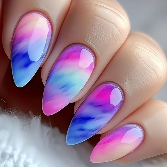 Medium Almond Press on Nails Acrylic False Nails Multicolor Ombre Fake Nails Full Cover Stick on Nails Dating Party for Women Decorations 24Pcs