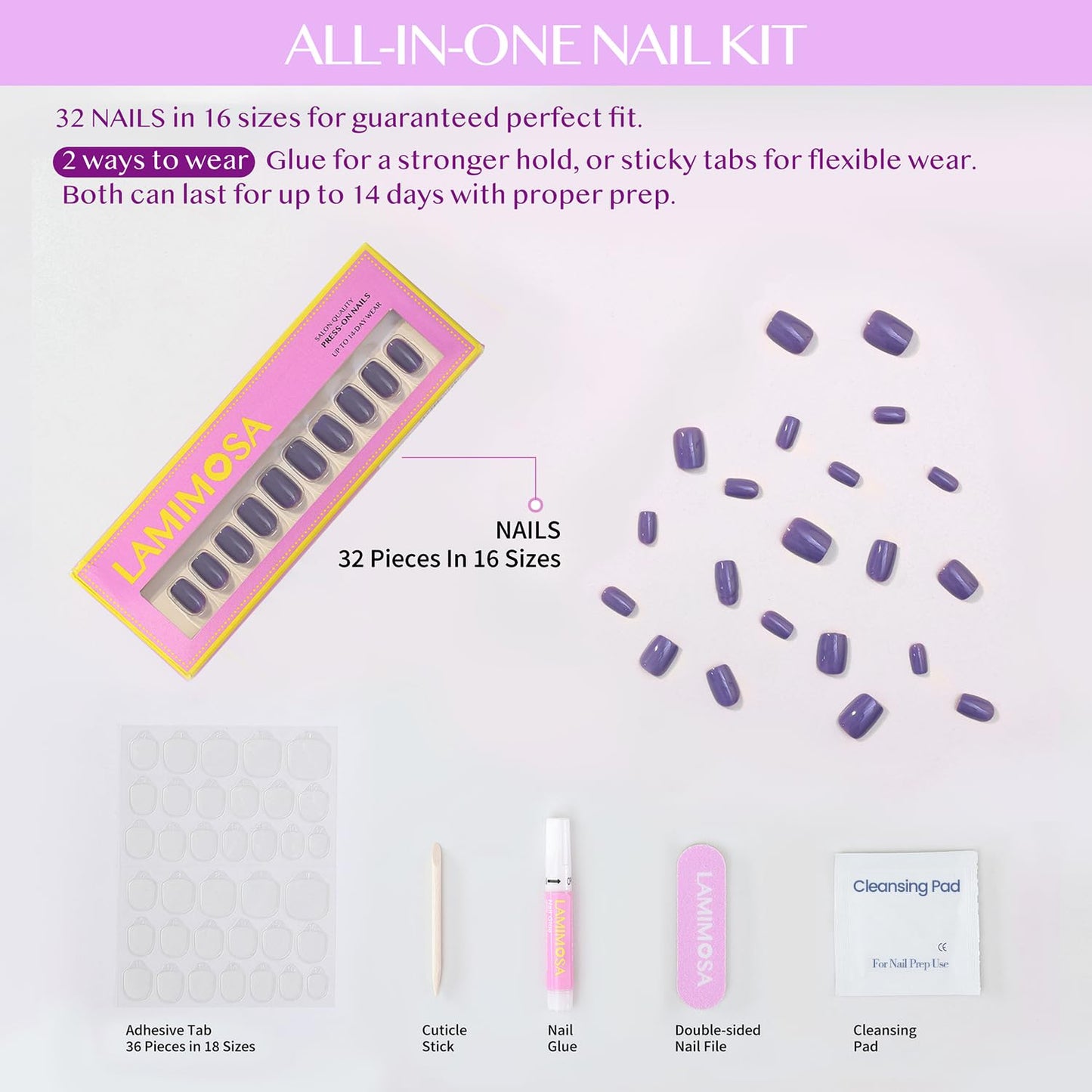 LAMIMOSA 32Pcs Press On Nails Short Square – Soft Gel Ash Gray Fake Nails in 16 Sizes, Reusable Glue on Nail kit, Solid Color Press Ons, ASH