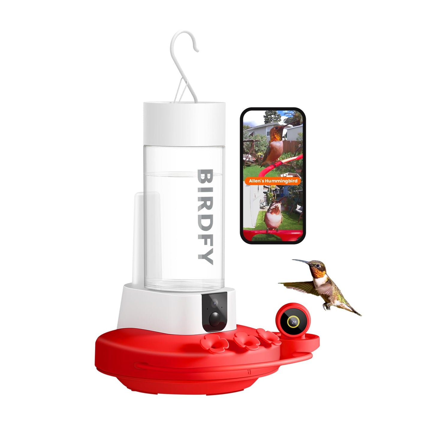 Birdfy Hummingbird Feeder with Dual Cameras AI Identify - 2K HD Smart Cameras, Close-Up Bird Video/Live Watching & Instant Notifications, Ant Moat & Leakproof - 20oz (Lifetime AI)