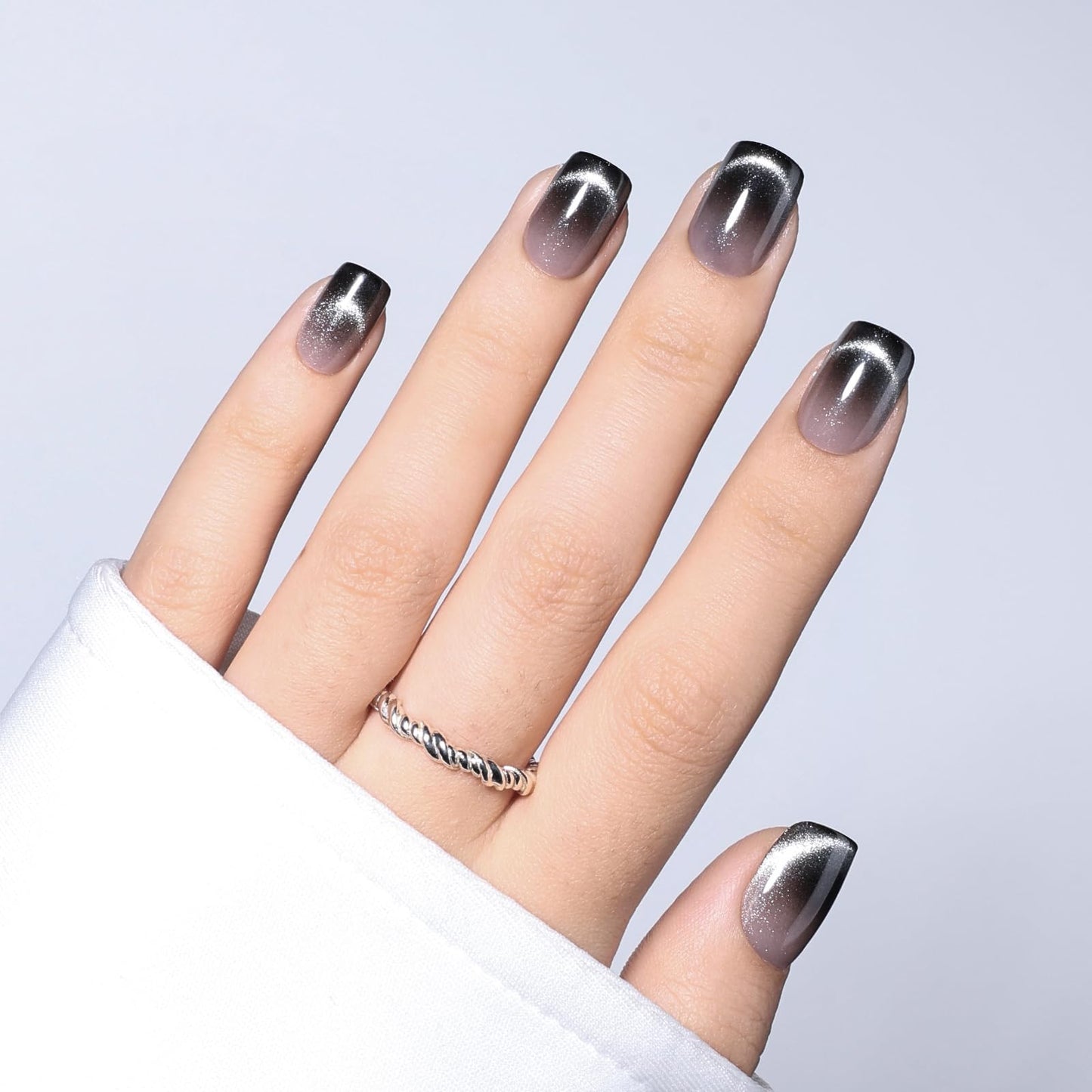 Black Cat Eye Press On Nails - Short Square Ombre Press Ons for Women Fake Nails with Glue, Glossy Reusable Glue on Nail in 15 Sizes - 30pcs