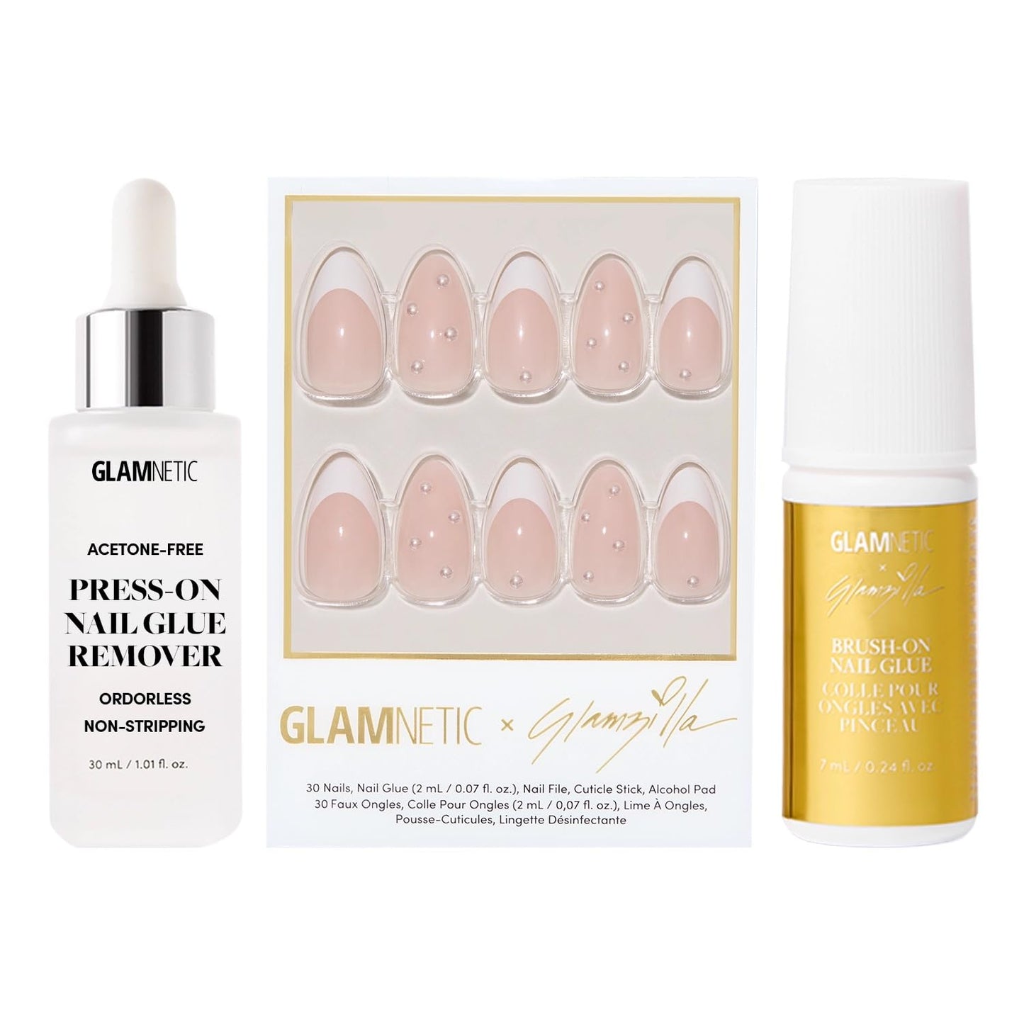 Glamnetic x GLAMZILLA Press-On Nails - ALWAYS & FOREVER | Short Almond French Tip Fake Nails with 3D Pearls | 15 Sizes - 30 Nail Kit with Glue and Remover
