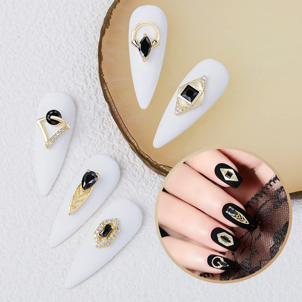 HNUIX Nail Charms and Gems - Gold Copper Zircon, Multiple Shapes, Metal BlackJewelry Rhinestones Charms, 18 Pieces