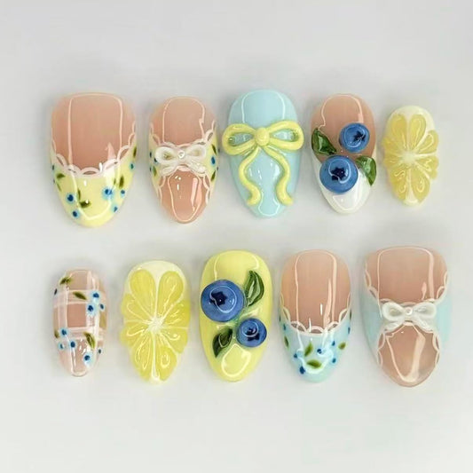 30Pcs Summer Press on Nails Medium Almond Fake Nails 3D Cute Blueberry Lemon Press Ons Glossy Design Stick on Nails French Tip False Nails Reusable Holiday Fruit Glue on Nails for Women Acrylic DIY