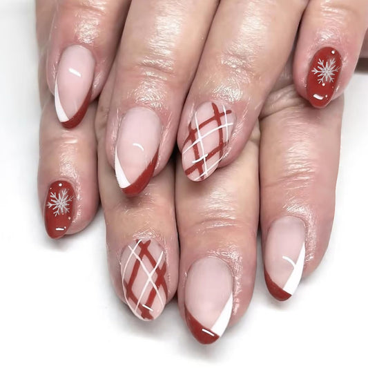 Christmas Press On Nails Medium Almond Fake Nails Snowflake With Plaid Design French Tip False Nails Full Cover Xmas Acrylic Glue On Nail Winter Stick On Nail For Women Manicure Art 24pcs
