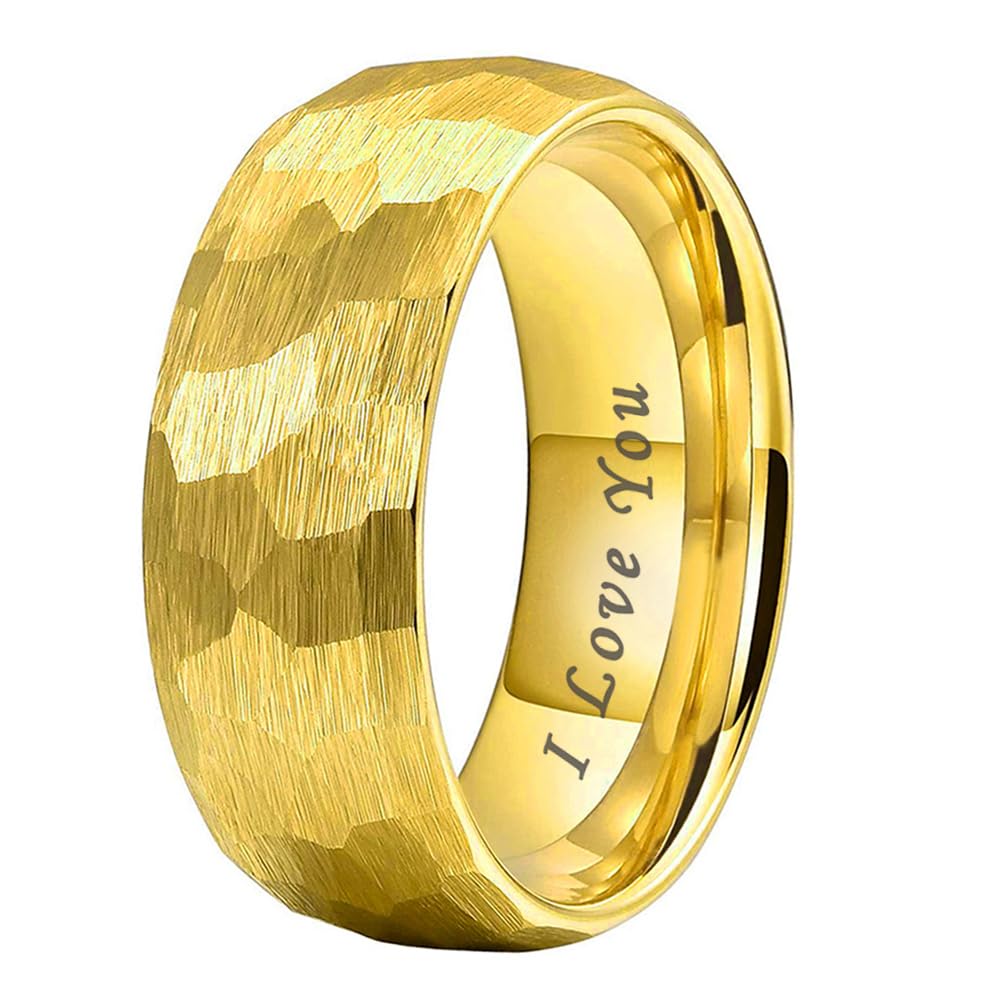 TUTISS 8mm Gold Hammered Tungsten Rings for Men Women Engagement Wedding Bands Domed I Love You Engraved Comfort Fit Size 8
