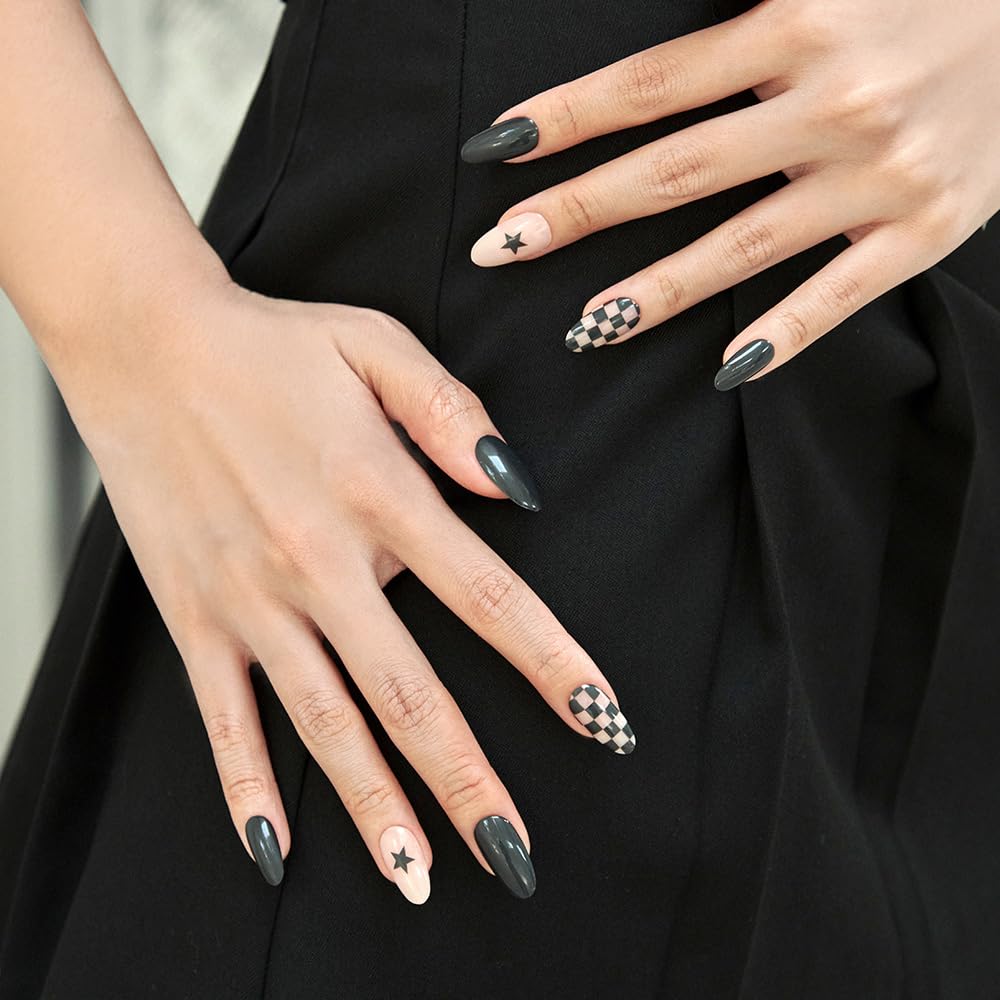 MUZMAK Reusable Press on Nails Long 36Pcs Halloween Press Ons with Designs Cute Gel (Draw Night(Almond))