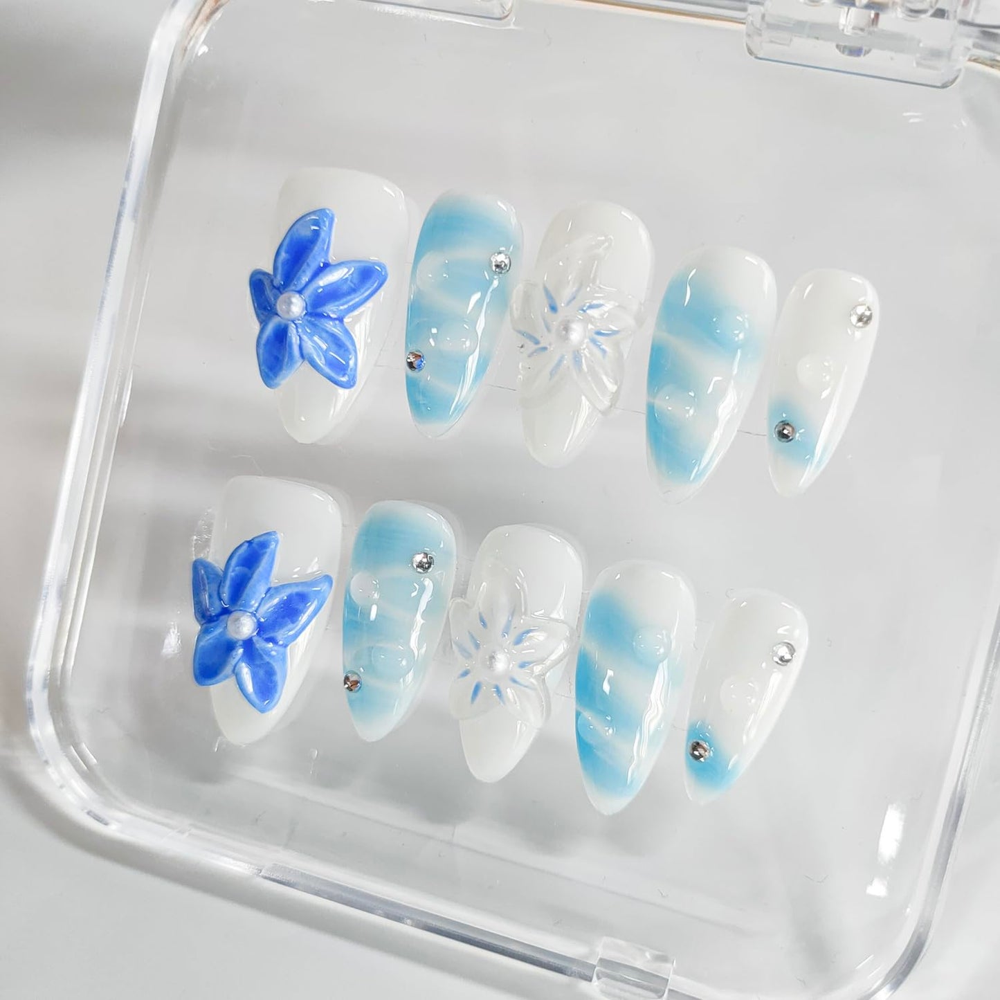 Handmade Nails Almond Press on Nails Medium Length 3D Floral Thick Acrylic Fake Nails Blue&White False Nails with Rhinestones Pearls Designs Summer Nail Art Press on Nails 10Pcs(M)