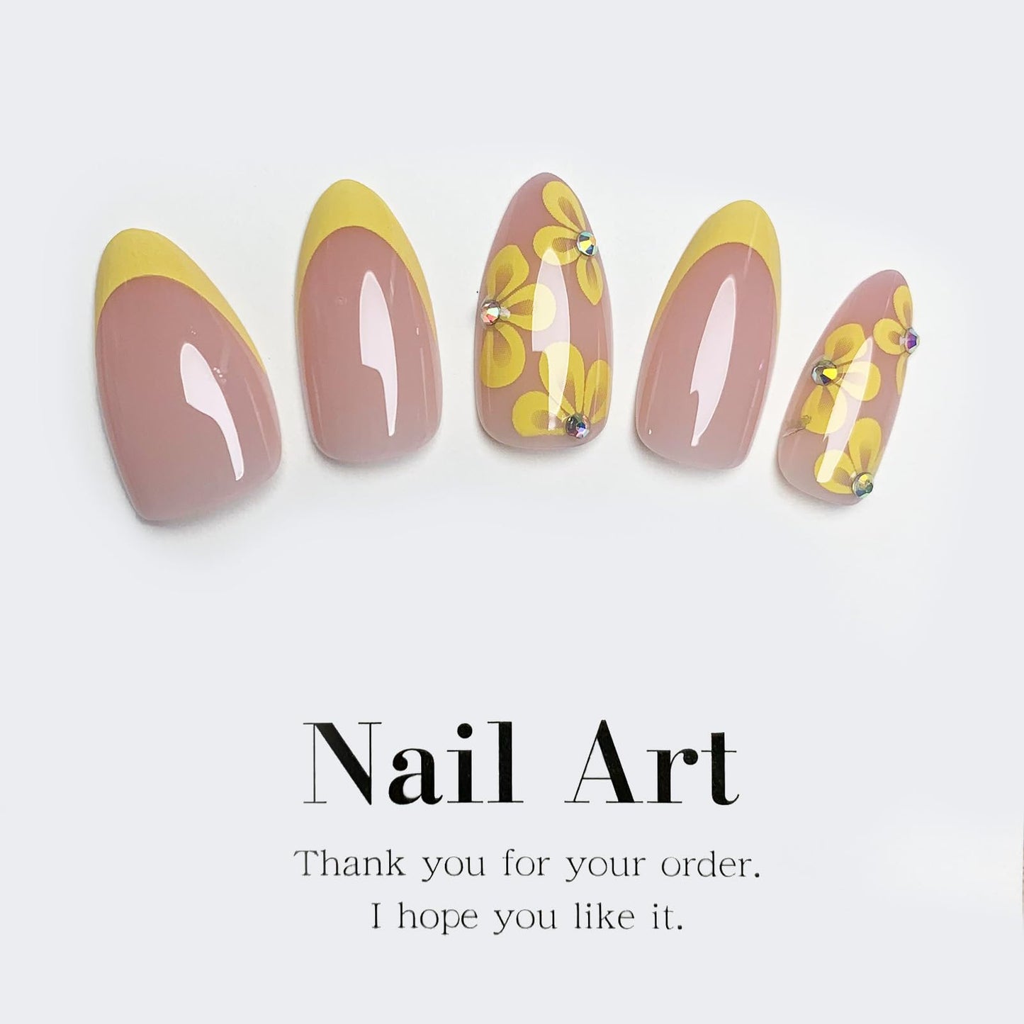 TOGZOM 30Pcs Almond Press on Nails Medium Yellow Flowers Fake Nails French Tips Nails Press ons Glossy Acrylic Nails with Rhinestone Glue on Nails Designs 15 Size for Women Manicure, Style10