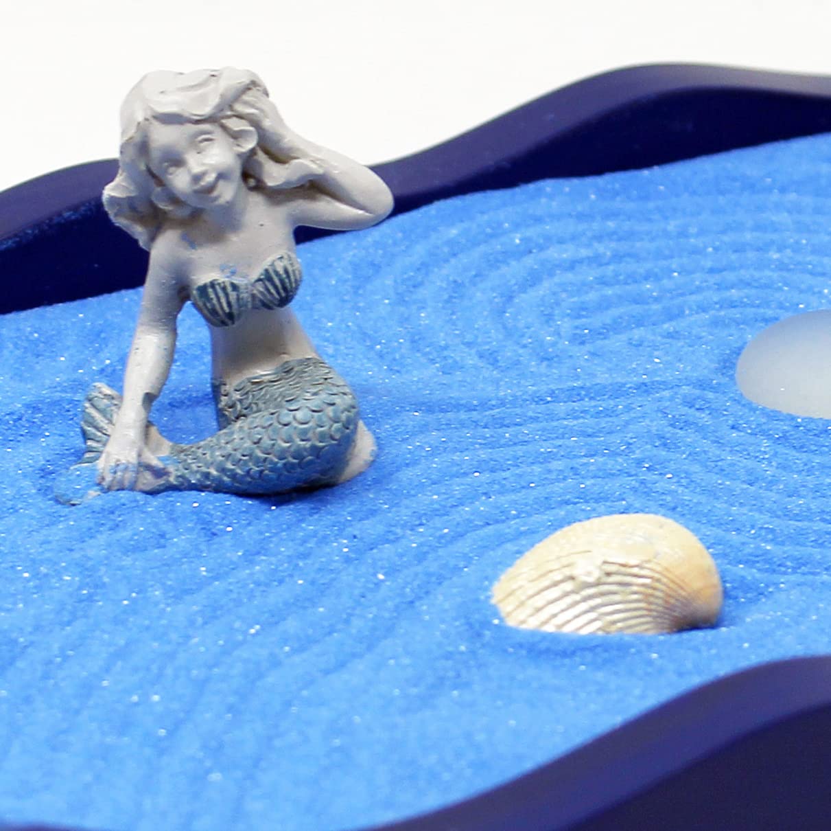 Nature's Mark Mini Zen Garden Kit for Desk with Rake, Blue Sand, Miniature Mermaid Clam Corlal Figures, Wavy Base, Glass Rocks