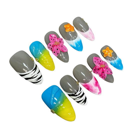 Handmade Press on Nails for Women - Medium Almond 3D Thick Acrylic Reusable Fake Nails with Designs Summer Floral Boho Funky Tropical Cute Nail-art Set 10pcs,colorful,S