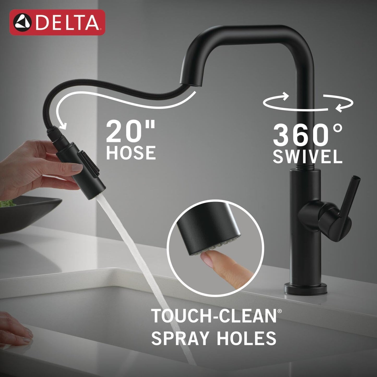 Delta Nicoli U-Spout Kitchen Faucet with Pull Down Sprayer, Modern Single Hole, Matte Black 19868LF-BL