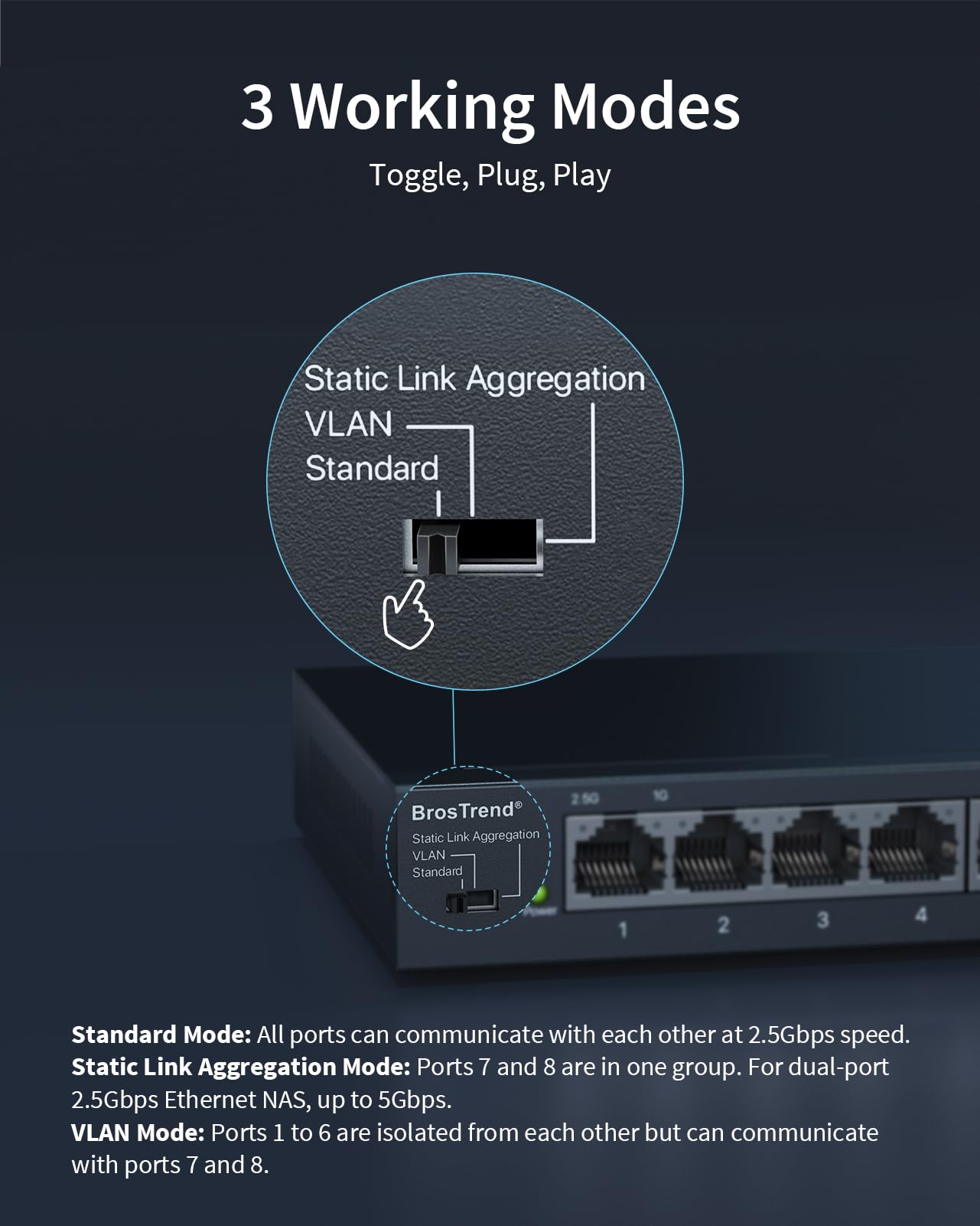 BrosTrend 2.5Gb Switch, Unmanaged 8 Port Ethernet Switch 2.5 Gigabit Supports Static Link Aggregation & VLAN, Fanless, Desktop Wall Mount, Multi Gig Splitter for Gaming, NAS, PC, Lifetime Protection