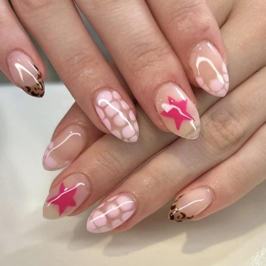 24Pcs French Tips Press on Nails Short Almond Fake Nails with Leopard Designs Cute Pink Star False Nail Nude Nails Press Ons Artificial Full Cover Acrylic Glue on Nail for Women Girl Manicure