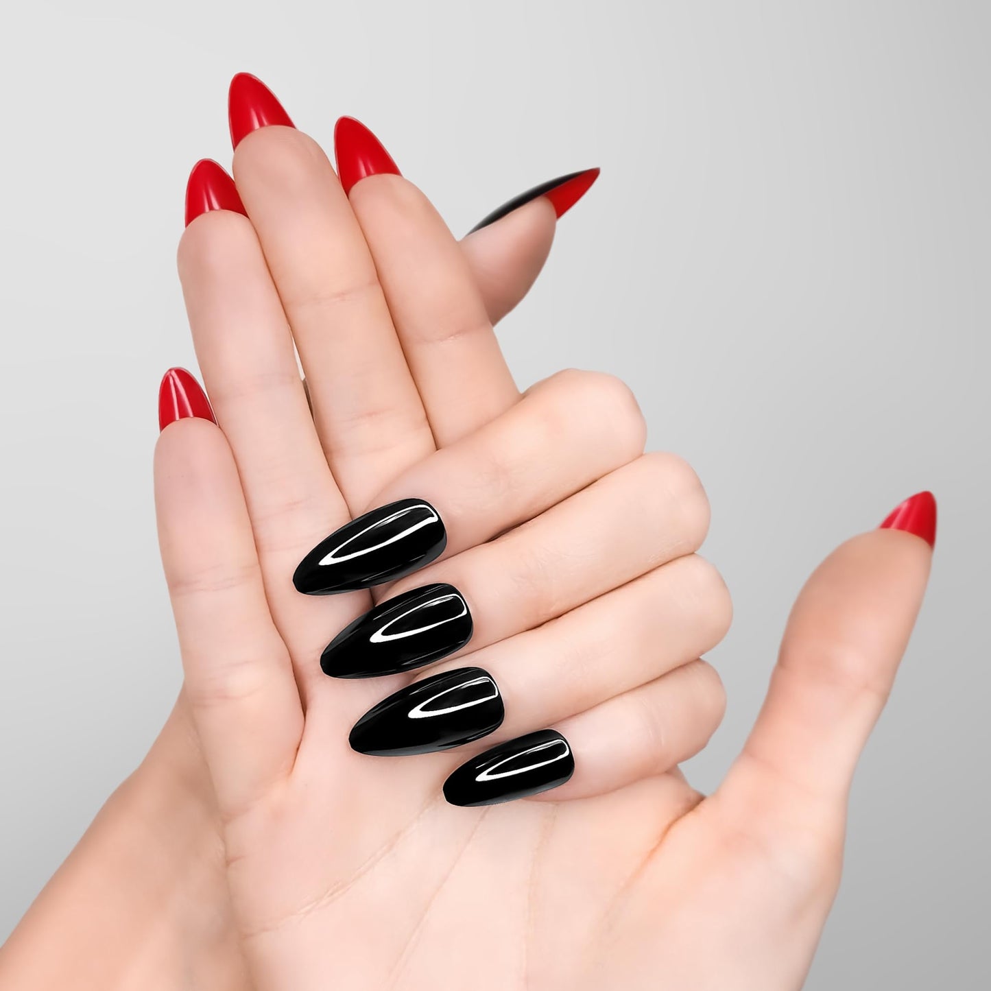 Hypnaughty 30 Pcs Revenge Almond Black Glossy Press On Nails With Bright Red Gloss Underneath & Nail Kit With Glue (Revenge Almond)