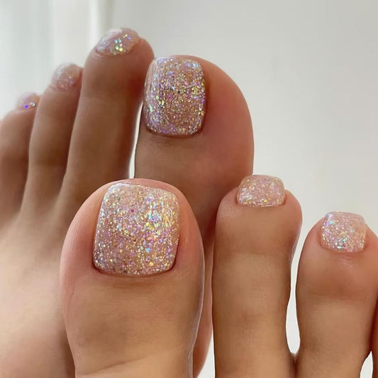 Glitter Press on Toe Nails Short Square False Toenails with Sequins Designs Full Cover Fake Toenails Spring Stick on Toenails Glossy Reusable Summer Glue on Toe Nails for Women Girls Manicure 24Pcs
