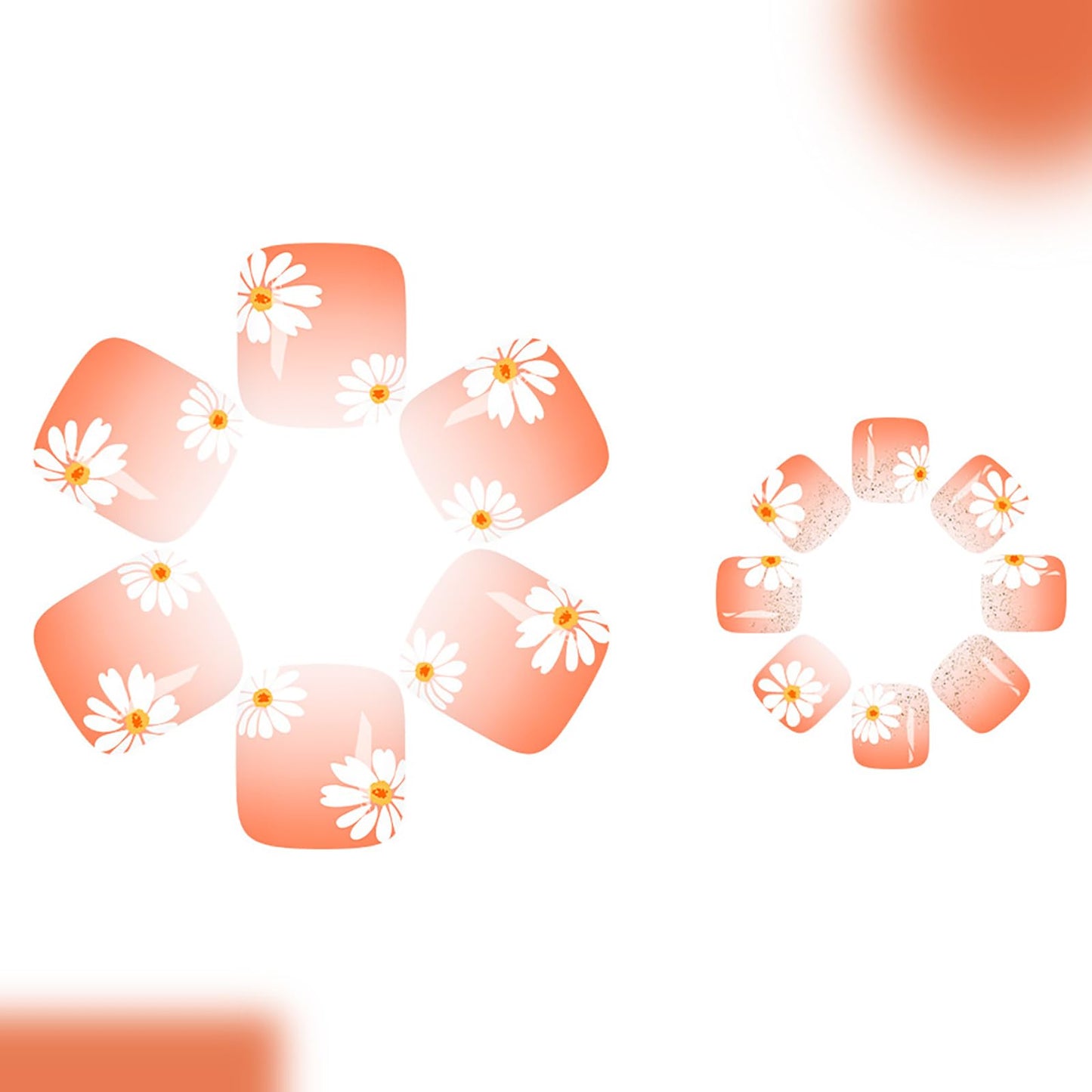 Flower Press on Toenails,Short Square Fake Toenail with Glitter French Designs Orange Brown Gradient Toenails Full Cover Glossy Acrylic Stick on Toes Nails for Women Girls 24Pcs