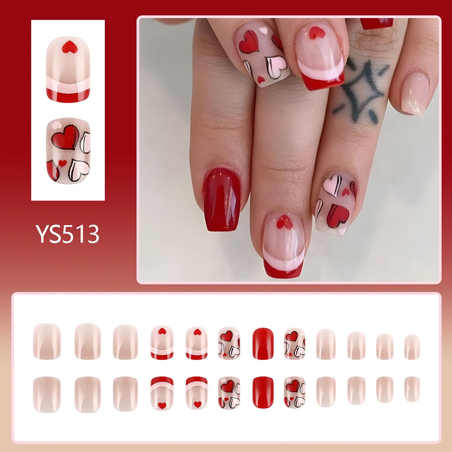 FIEONCIY Press on Nails Short Square Glossy Full Cover Acrylic Short Square False Nails with Heart Designs Artificial Square Fake Nails Glue ons Fingernails for Women Girls(YS513)