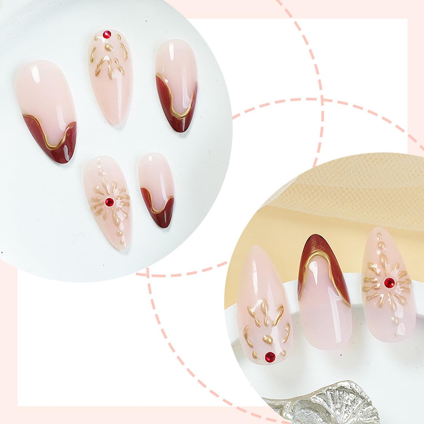 3D Gold Irregular Lines Press on Nails Medium Almond Press on Red French Tip Fake Nails Golden Sun False Nails with Shiny Rhinestones Design Artificial Nails Glossy Glue on Nails for Women Nails 24Pcs