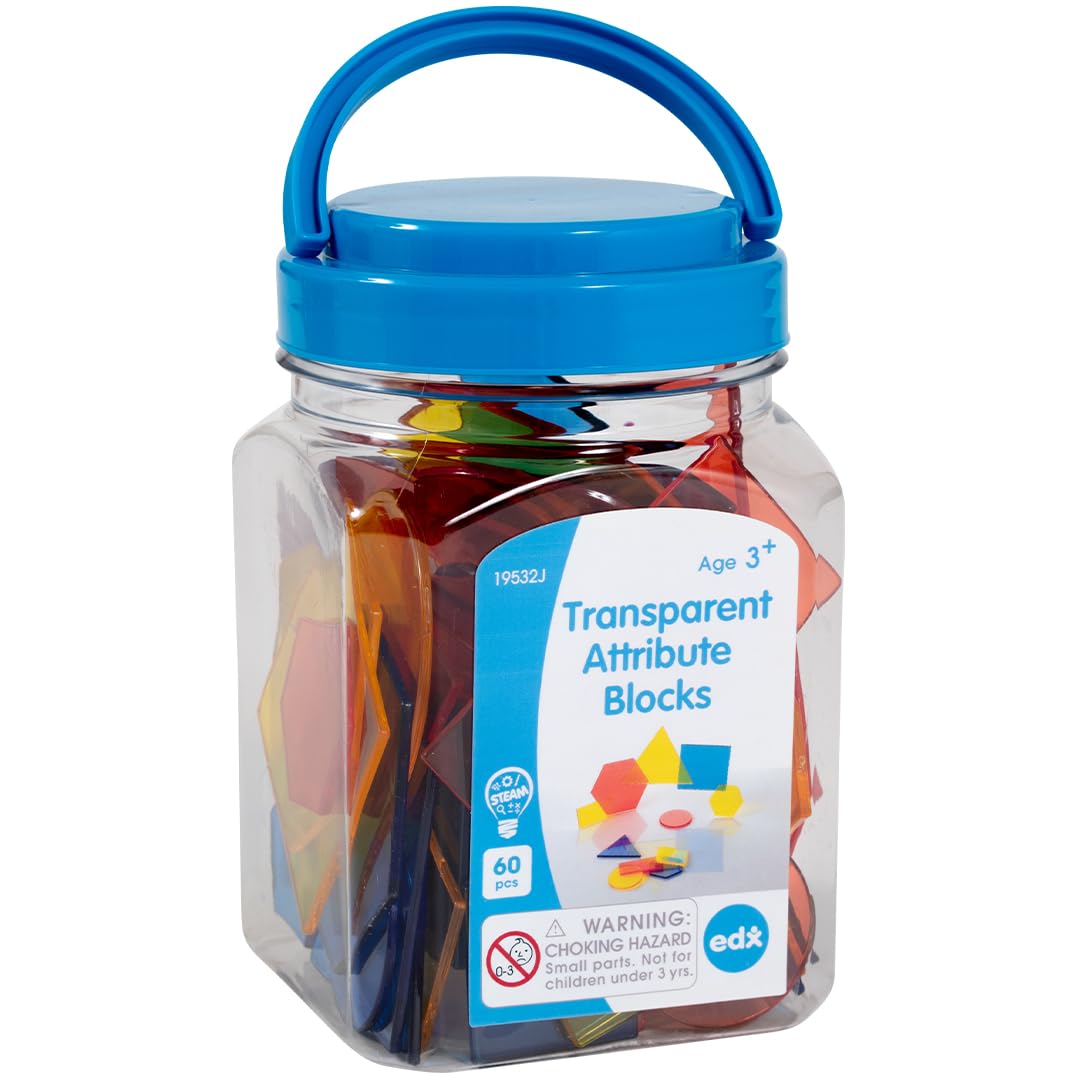 edxeducation Transparent Attribute Blocks - Mini Jar Set of 60 - Colorful, Plastic Shapes - Light Box Accessory - Sensory Play - Math Manipulative for Kids