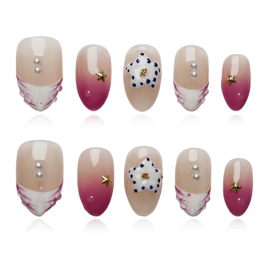 Tesytto Handmade 3D Floral Press on Nails Short Almond - Plum Gradient on a Nude Base, Water Ripple Pearl & Ombre Pink French Tip Holiday Fake Nails (Coral Violeta,M)