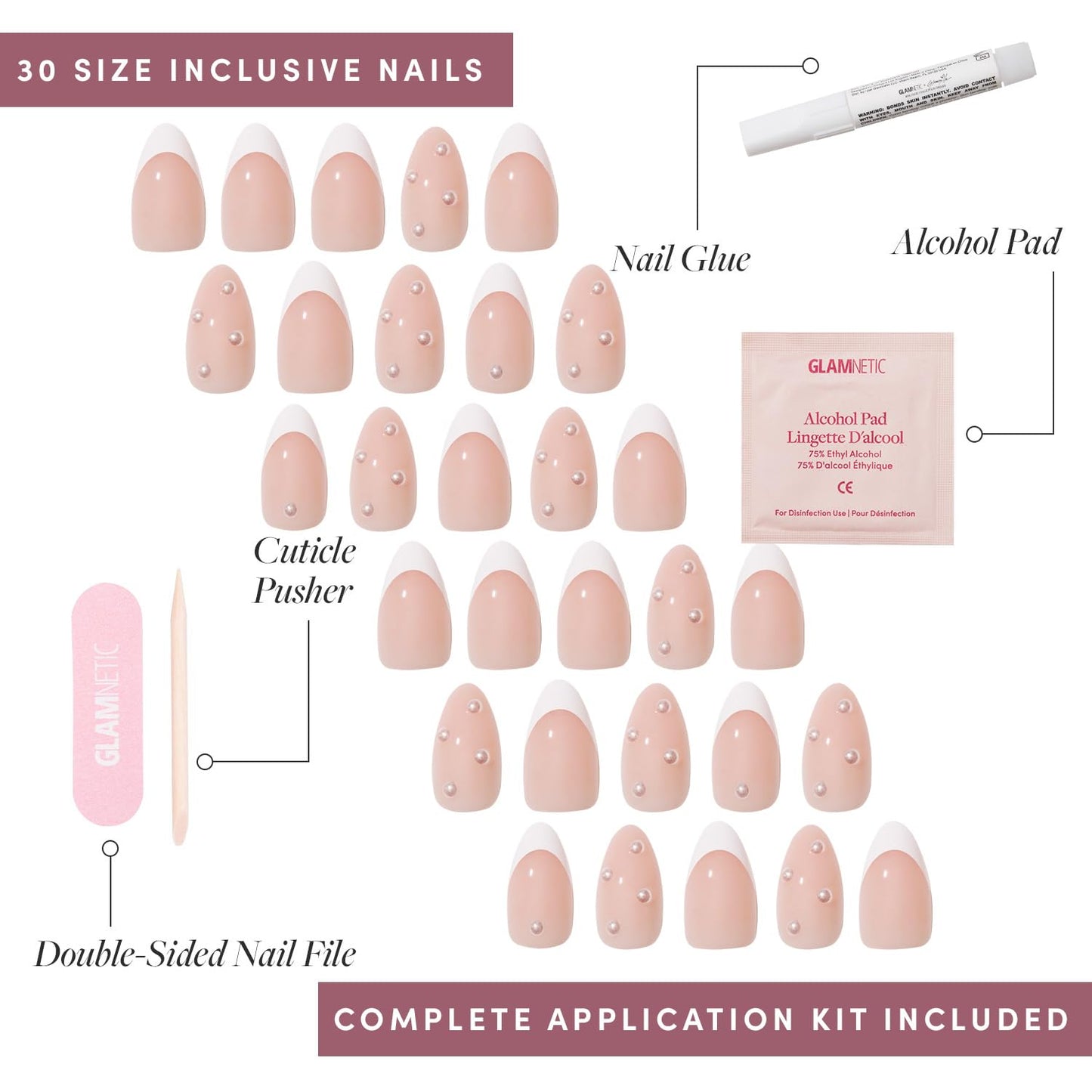 Glamnetic x GLAMZILLA Press-On Nails - ALWAYS & FOREVER | Short Almond French Tip Fake Nails with 3D Pearls | 15 Sizes - 30 Nail Kit with Glue and Remover