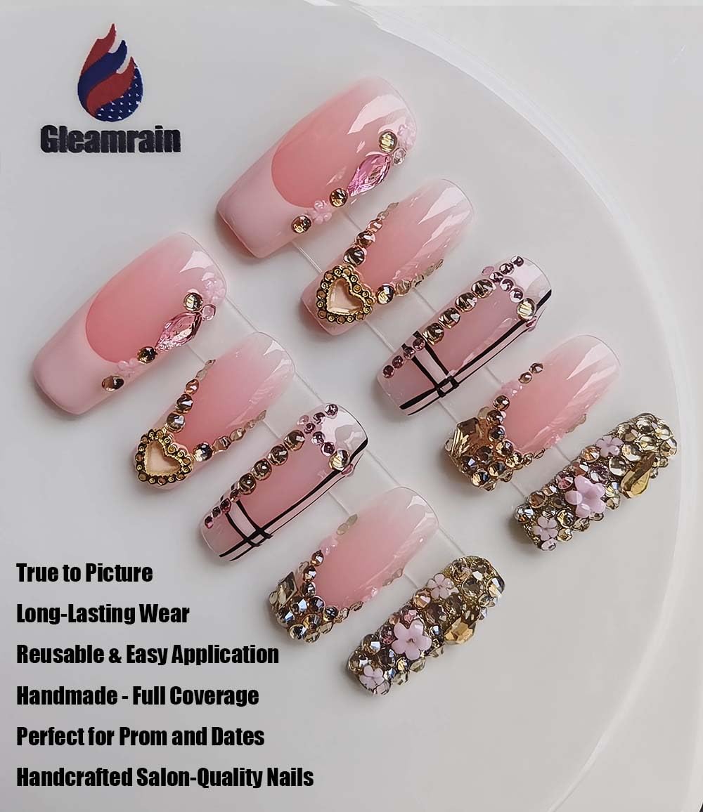 Gleamrain 10pcs Handmade Long Press-on Nails Coffin Shape (M Size) with 3D Flower Designs Pink Fake Homemade Presson Nails for Women Suitable for Summer Vacation, Beach Proms, Parties Wear, D106