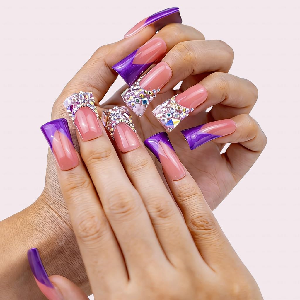 IntoVibes 10 Pieces Handmade Luxury Metallic Electric Purple Shimmer With AB Crystal Shine Long Press On Nails With Bling Rhinestones And Y2K Princess Vibes, Reusable Acrylic Nails (M)