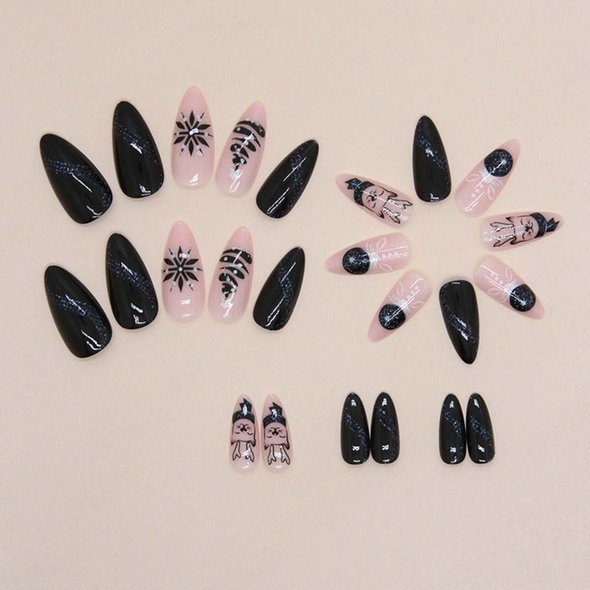 Winter Xmas Press on Nails Medium Almond Fake Nails Black Christmas Nails Press ons with Snowflake,Xmas Tree Design,Reusable Artificial Nail Full Cover Stick on Nails for Women Manicure 24 Pcs
