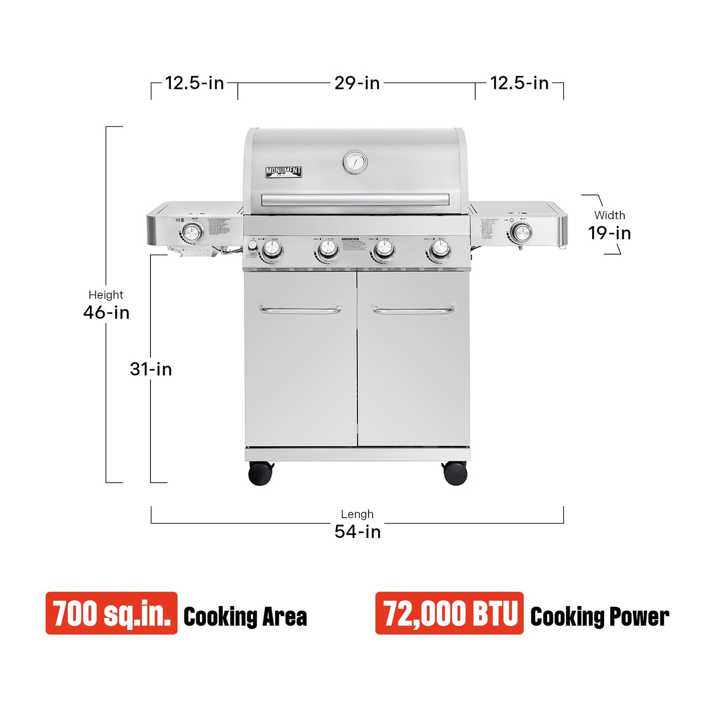 Monument Grills Larger 4+2 Burner Propane Gas Grills Stainless Steel Cabinet Style with Side & Side Sear Burners, Built-In Thermometer, and Knob Controls