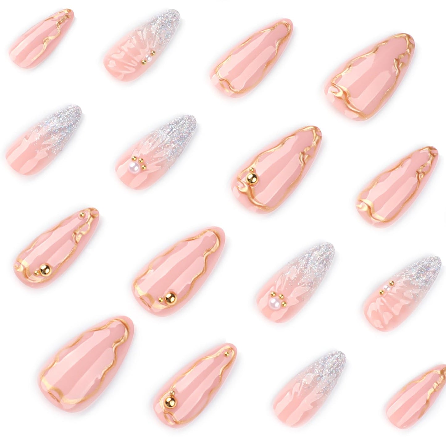 24pcs French Tip Press on Nails Medium Almond Fake Nails Pearl Full Cover Silver Glitter Design Gold French Ripple Line False Nails Acrylic Nail Cute Finger Manicure Decor Artificial Nails for Women