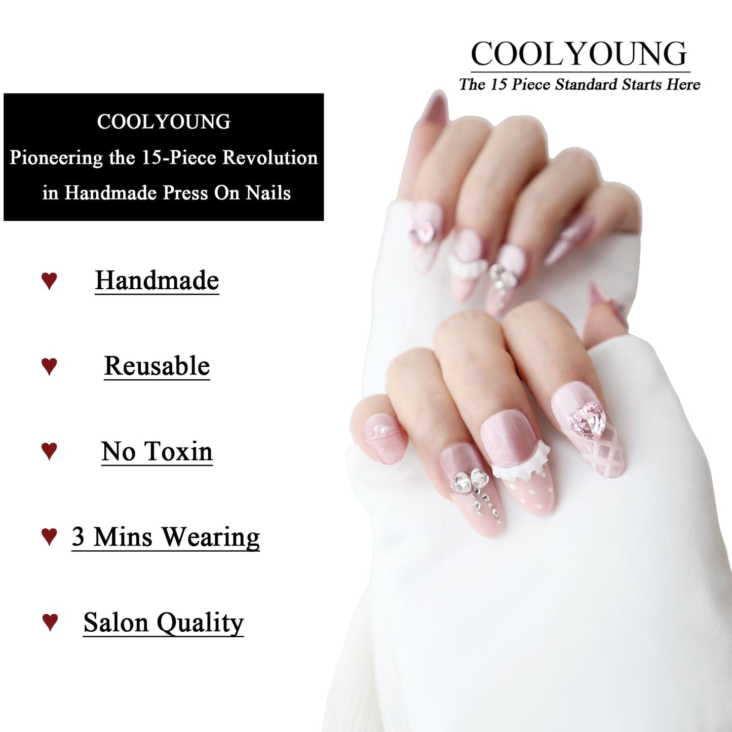 Luxury Rhinestones Handmade Acrylic Press On Nails Handmade Acrylic Press On Nails French Medium Almond Pink Nails Women Gifts Reusable Nails COOLYOUNG 15 PCS, Size L