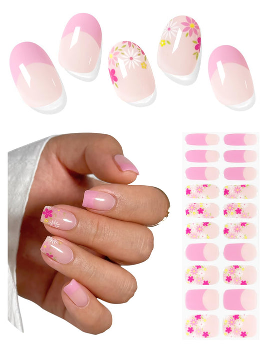 AutyaMee Semi Cured Gel Nail Strips (Pink Flower French), Summer, 20 Pcs Gel Nail Wraps, Stickers, UV Light Required, Salon Quality, Long Lasting