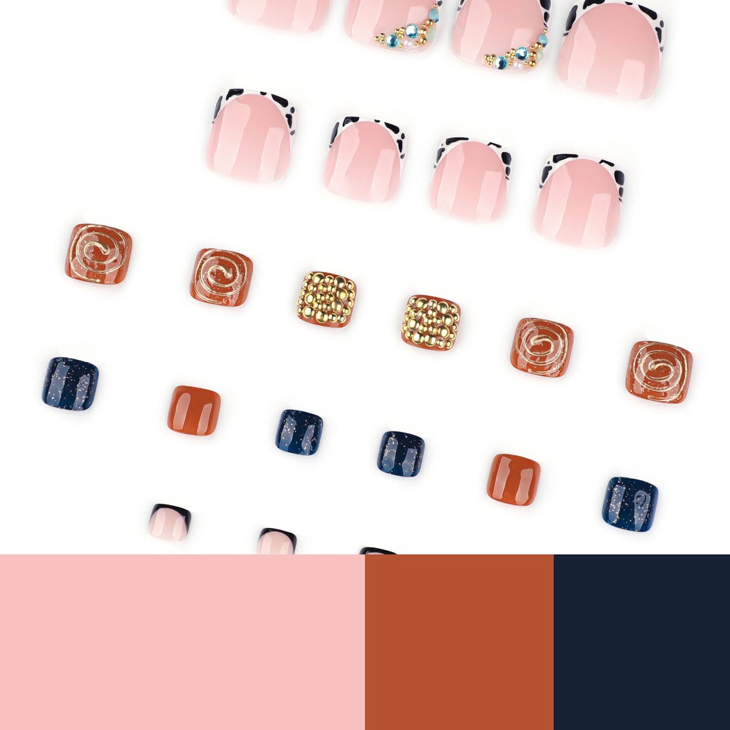 RUOKEXIN Toe Nail Press ons, Short Press on Toenails French Tip Fake Toenails with Gold Rhinestones Designs Square False Toenail Sparkly Artificial Nails for Women 24Pcs
