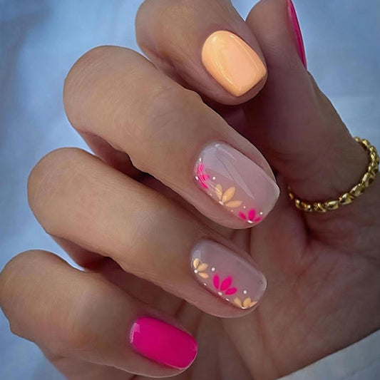 Spring Press on Nails Square Fake Nails with Flower Designs Pink Nails Press ons Yellow Acrylic Nails Glossy Glue on Nails Spring False Nails Artificial Stick on Nails for Women 24Pcs