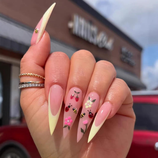 Stiletto Press On Nails Long Fake Nails Flower With Strawberry Design French Tip False Nails Full Cover Nude Pink Acrylic Nail Artificial Glossy Cute Stick On Nail For Women 24pcs