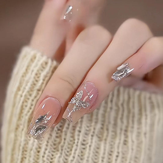 YoYoee Long Coffin Press on Nails Gradient False Nails Galaxy Butterfly Fake Nails Acrylic Bling Nails Tips for Women and Girls 24PCS