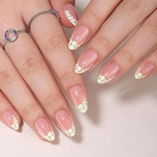 WAFOLOZE French Tip Press On Nails - White Crackle Almond Press On Nails Short Fake Nails with Nail Glue, Artificial Nails 16 Sizes - 32Pcs False Nails Tips Kit,Stick On Nails for Women
