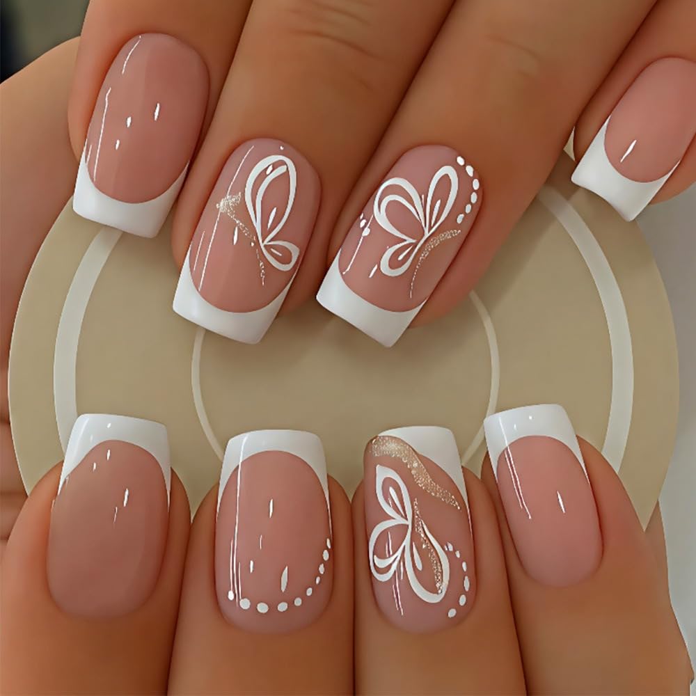 White French Tip Press on Nails Square - Medium Fake Nails with Butterfly Design - Glitter Full Cover Stick on False Nails - for Women 24 Pcs