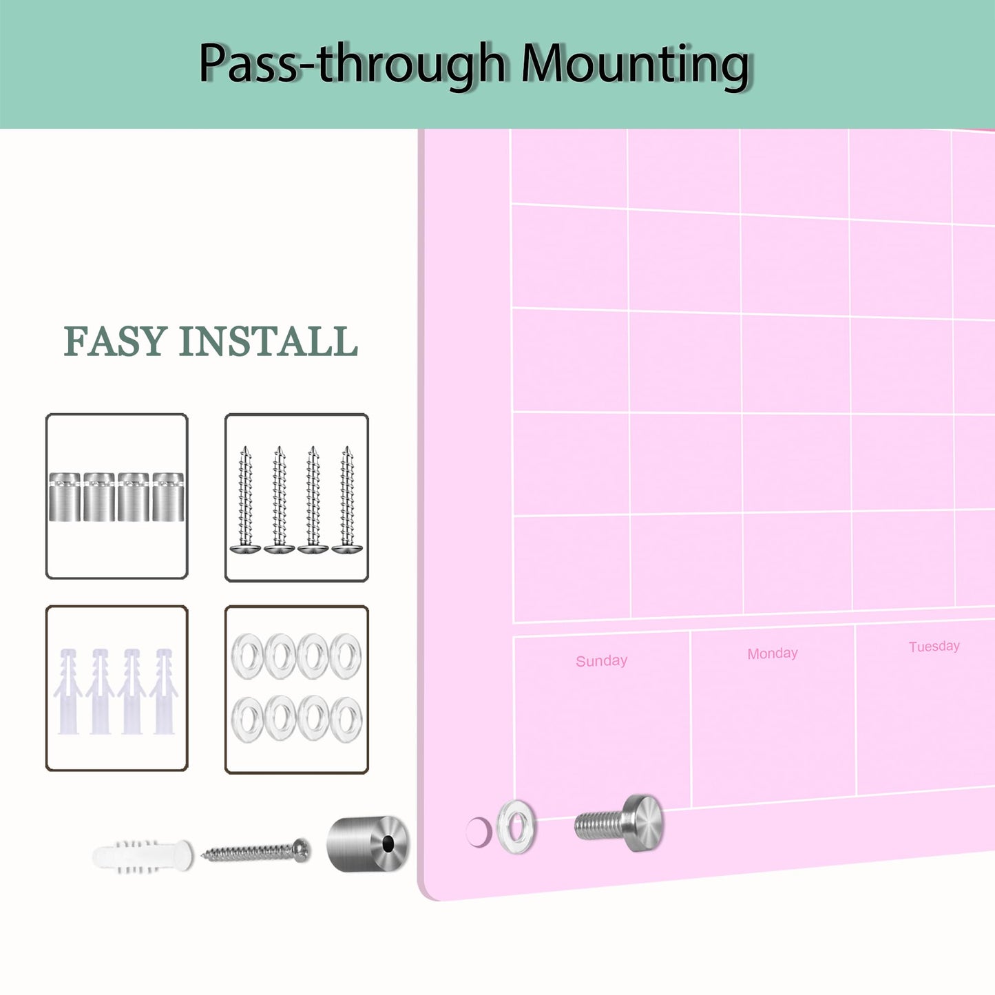 Marribol Large Acrylic Calendar for Wall,24"X16",Acrylic Dry Erase Calendar for Wall,Pink Dry Erase Board for Home/Office