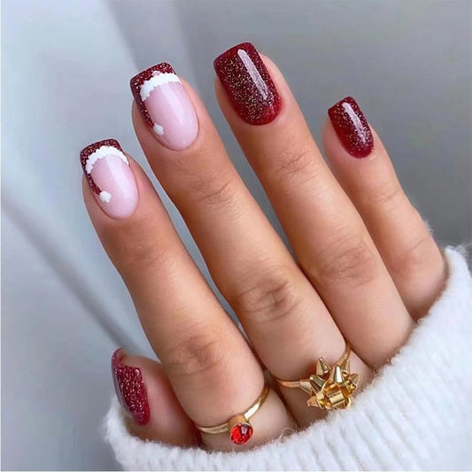 Christmas Hat Press on Nails Short Square Fake Nails Santa Hat Design Red French Glitter False Nails Winter Xmas Full Cover Acrylic Nails Glue on Nail for Women Girls 24Pcs