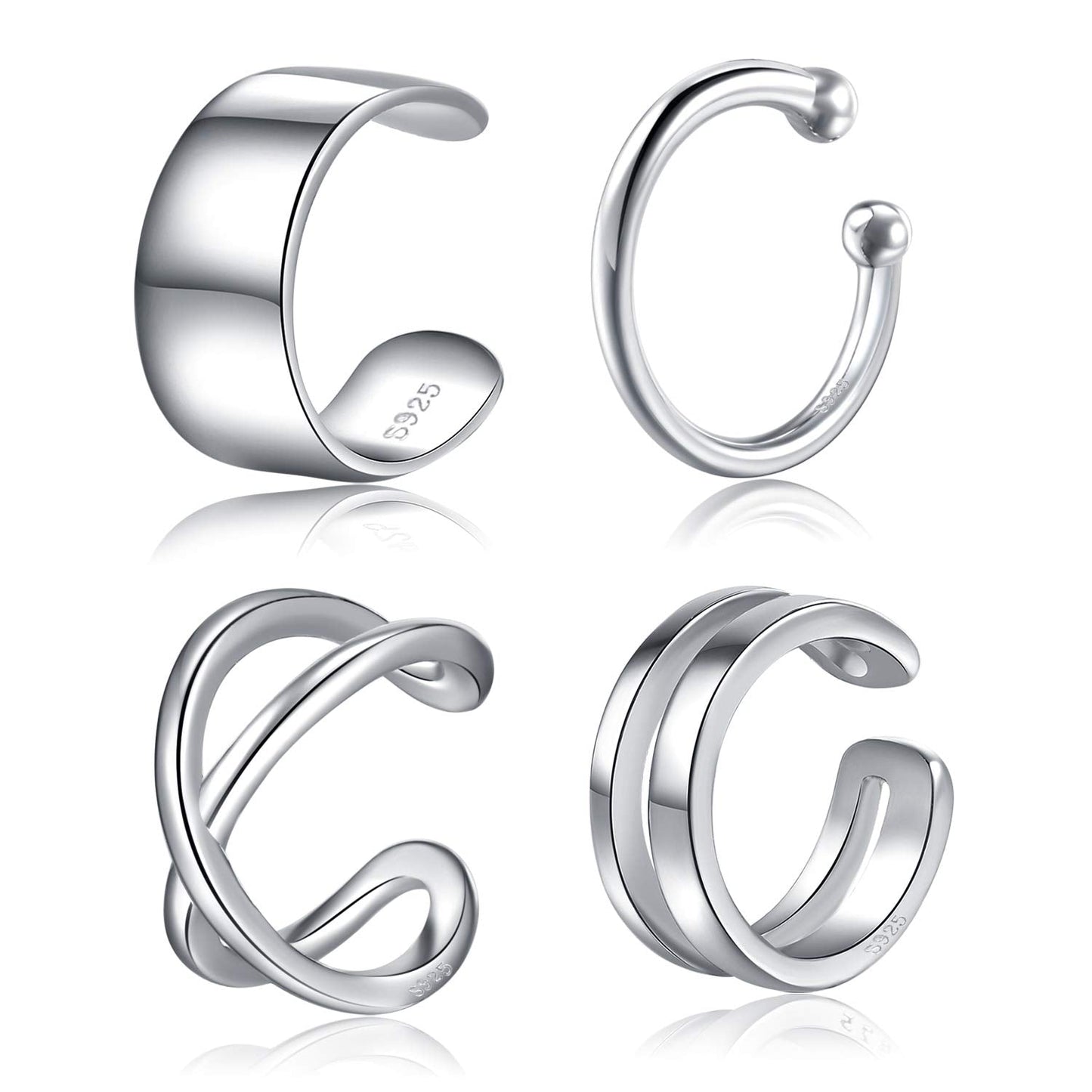 Ear Cuffs 925 Sterling Silver Fake Ear Cuffs Non Piercing Ear Conch Clip on Cartilage Earrings for Women Men | 4 Various Styles