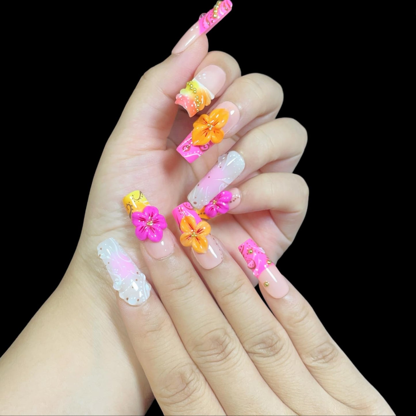 Handmade Press on Nails 3D Floral Medium/Long Square False Nails | Pink & Yellow Gradient | Bohemian Design| Reusable Acrylic Fake Nails (Sunburst, S)