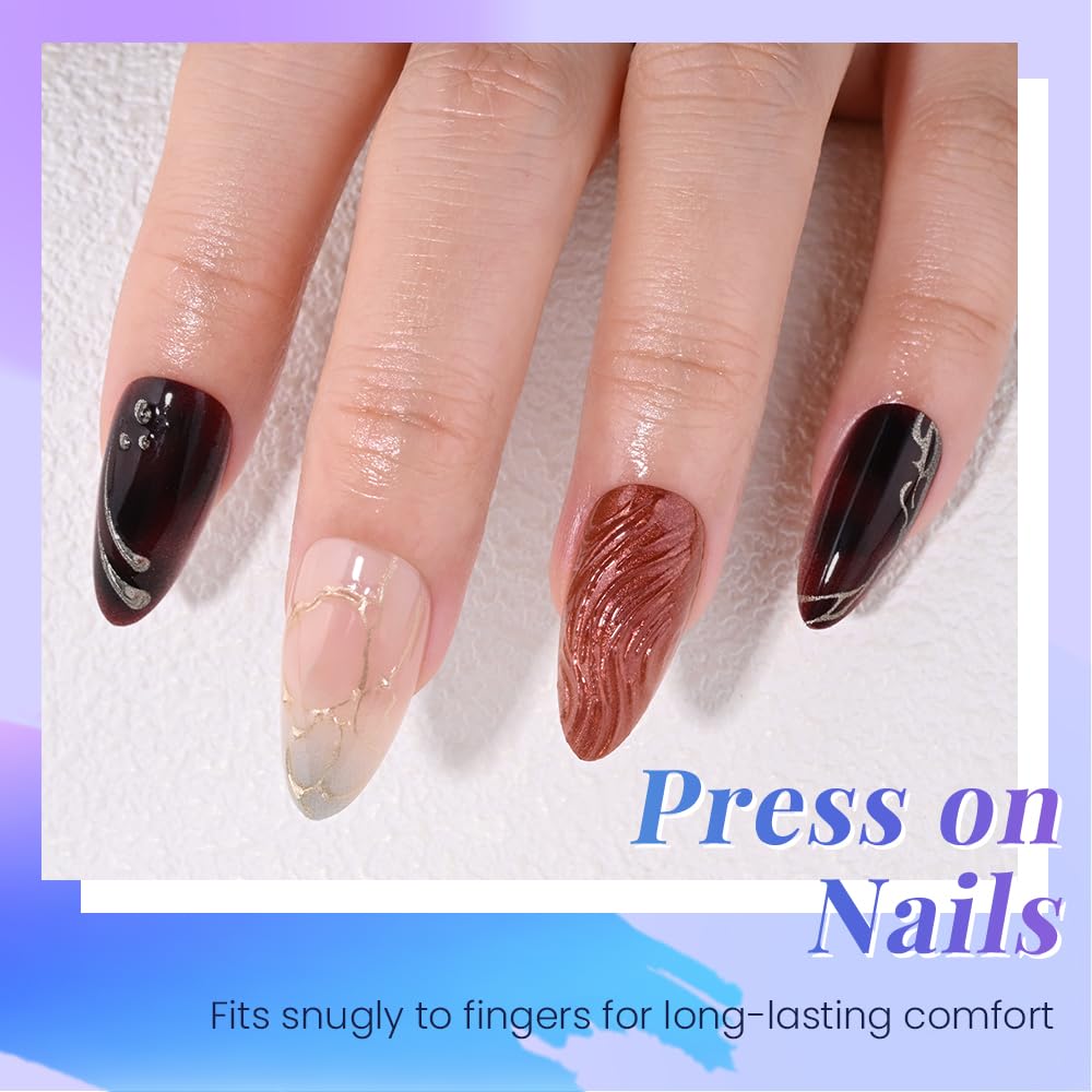 evpct 3D Press on Nails Short Almond No Glue with Design, 3D Wave Blue French Tip Stick on Nail for Women, Reusable Full Cover Press on Fake Nail Perfectly Fit with Butterfly Wing Gold Line Design