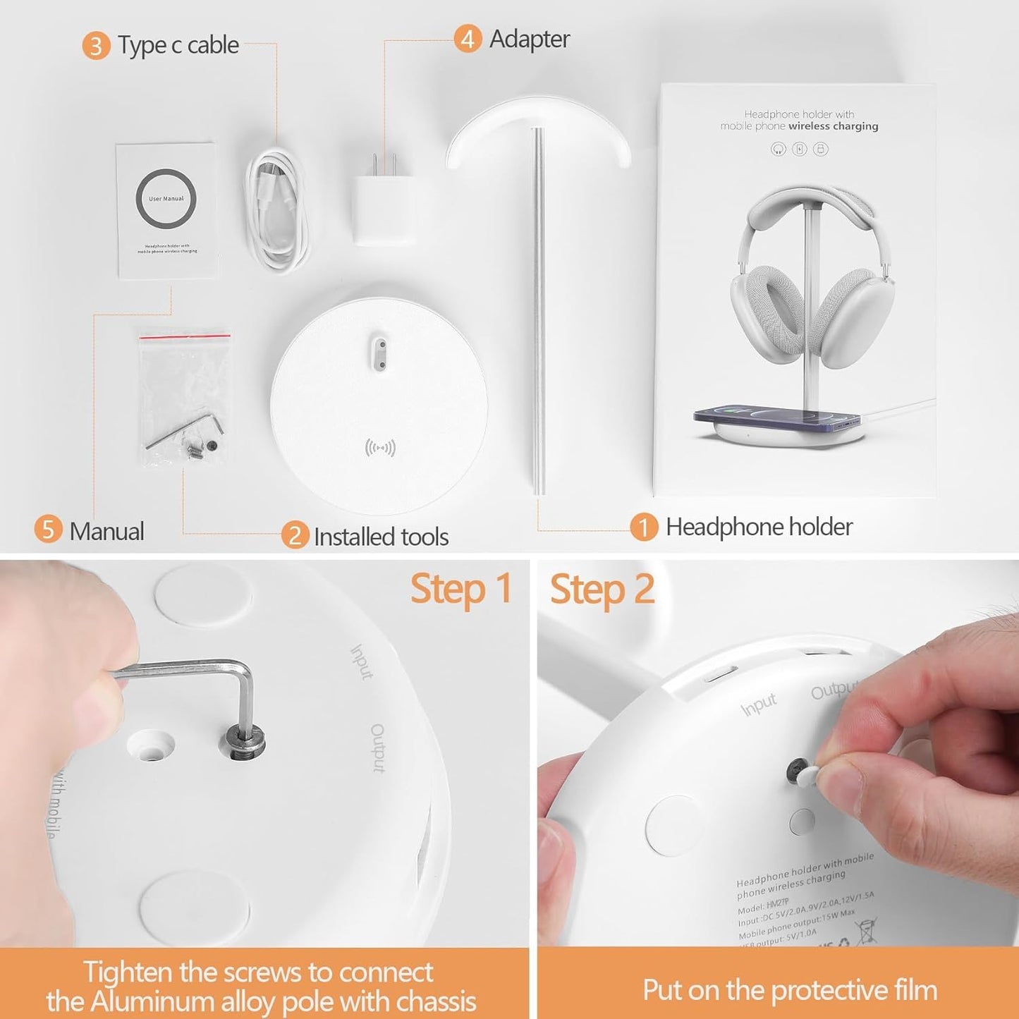 Miroddi Headphone Stand with Wireless Charger, Independent USB Charging Port, 5 in 1 Charging Station Headset Holder Rack for AirPods Max/Pro/4/3/2, iWatch, iPhone, Samsung and Desk Headphones, White