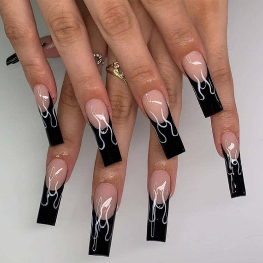 DANMANR Long Press on Nails Square French Fake Nails Full Cover Nude Acrylic False Nails for Women and Girls 24PCS (Black Coffin)